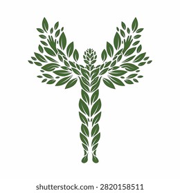 Symmetrical human figure silhouette composed of various green leaves and foliage, featuring stylized wings and upraised hands, isolated on a white background, vector graphic.
