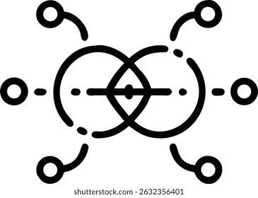 A symmetrical illustration featuring interconnected circles, a triangle, and nodes, representing a complex network or system design element in black and white.