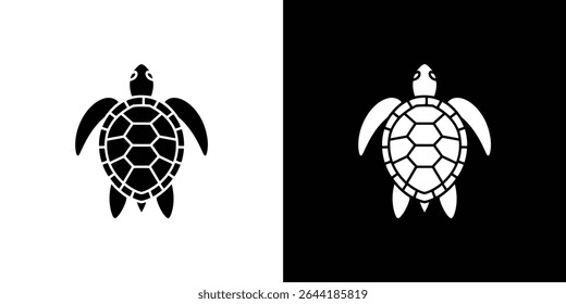 Symmetrical illustration featuring a turtle silhouette, in black on a white background and white on a black background, showcasing a vector graphic animal icon design.