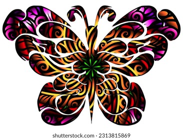 The symmetrical illustration logo butterfly has dynamic gradient batik dayak flower line art in a luxurious pattern colour 