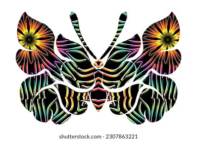 The symmetrical illustration logo in the shape of a butterfly has dynamic gradient batik flower line art in a luxurious pattern colour 
