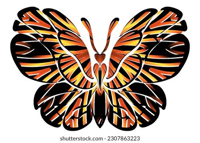 The symmetrical illustration logo in the shape of a butterfly has dynamic gradient batik flower line art in a luxurious pattern colour 
