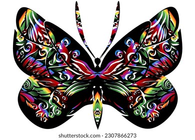 The symmetrical illustration logo in the shape of a butterfly has dynamic gradient batik flower line art in a luxurious pattern colour 

