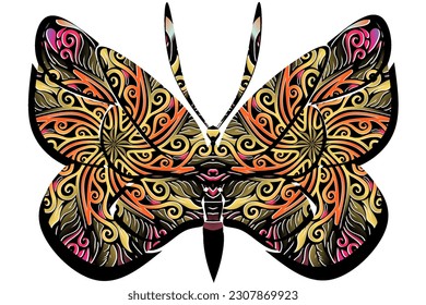 The symmetrical illustration logo in the shape of a butterfly has dynamic gradient batik flower line art in a luxurious pattern colour 
