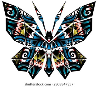 The symmetrical illustration logo in the shape of a butterfly has dynamic gradient batik flower line art in a luxurious pattern colour 