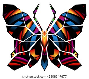 The symmetrical illustration logo in the shape of a butterfly has dynamic gradient  line art in a luxurious pattern colour 