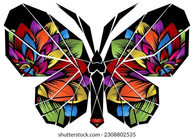The symmetrical illustration logo in the shape of a butterfly has dynamic gradient flowers batik line art in a luxurious pattern colour 
