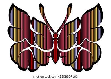 The symmetrical illustration logo in the shape of a butterfly has dynamic gradient line art in a luxurious pattern colour 

