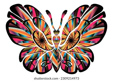 The symmetrical illustration logo in the shape of a butterfly has dynamic gradient line art in a luxurious pattern colour 
