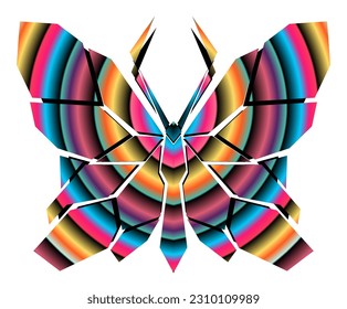The symmetrical illustration logo in the shape of a butterfly has dynamic gradient line art in a luxurious pattern colour 