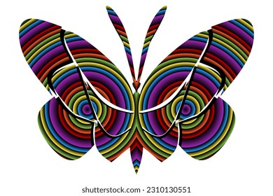 The symmetrical illustration logo in the shape of a butterfly has dynamic gradient line art in a luxurious pattern colour 