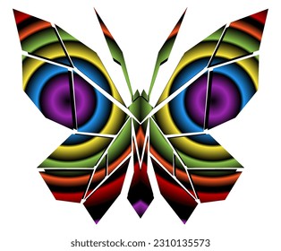 The symmetrical illustration logo in the shape of a butterfly has dynamic gradient line art in a luxurious pattern colour 
