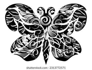 
The symmetrical illustration logo in the shape of a butterfly has dynamic gradient batik dayak flower line art in a luxurious pattern colour 
