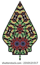 The symmetrical illustration logo in the shape of a Puppet Mountain has dynamic gradient batik flower line art in a luxurious pattern colour 