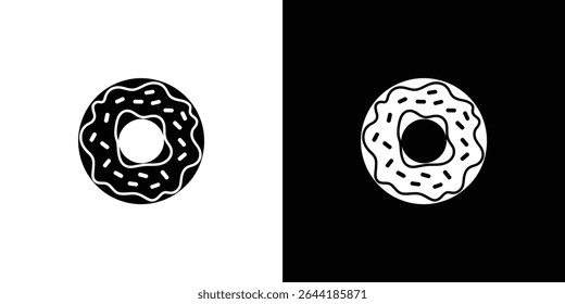Symmetrical image displays a donut icon against both black and white backgrounds, inverted. The simplified design features a ring with a drizzled topping and sprinkles.