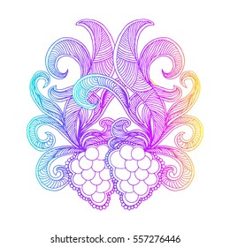 symmetrical image of wild grapes, stylized vector illustration Indian decorative element. Ethnic Tattoo bunch, floral ornament with leaves, design of printed materials. symbol, line drawing berries