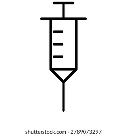 Symmetrical injection syringe line icon. Minimalist vaccine needle outline symbol for surgical anesthesia, clinical inoculations, and treatment.