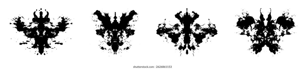 Symmetrical inkblots isolated on white background used in psychological Rorschach testing, psychotherapy, psychiatric evaluation, and emotional expression through abstract ink splash artwork