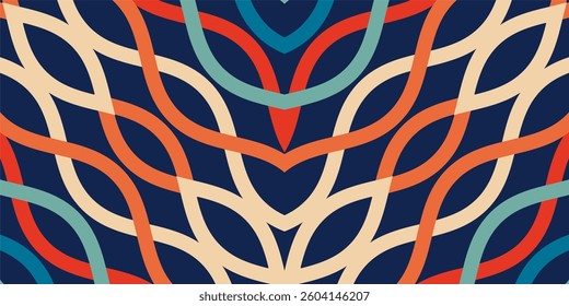 a symmetrical, interlaced pattern with bold lines in navy, orange, teal, and beige.