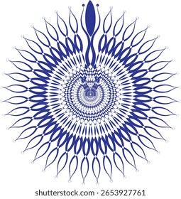 Symmetrical, intricate blue and white mandala-like design with a radial pattern, featuring an optical illusion and hypnotic, abstract forms on a solid background