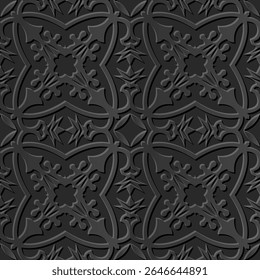 A symmetrical, intricate pattern featuring ornate designs in shades of grey, suitable for backgrounds or textile designs.
