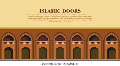 Symmetrical Islamic arches framed by intricate patterns. Warm brown and beige tones evoke classic architecture. Geometric band and 'Islamic Doors' text create an inviting, timeless look. vector. EPS