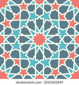 A symmetrical Islamic geometric pattern highlighting star motifs and intersecting shapes in vibrant pink, blue, and beige hues. Seamless pattern.