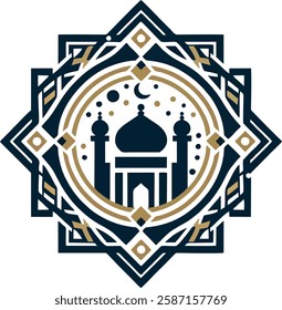 A symmetrical Islamic star pattern logo with a crescent moon and Arabic calligraphy at the center. Designed for easy vectorization with bold geometric lines.