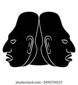 Symmetrical Janiform ethnic design with two human heads. Ancient Mayan man with cranial deformation. Black and white silhouette.