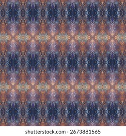 Symmetrical kaleidoscope pattern in blue, orange, and violet tones, with lightning-like details. Ideal for textiles, wallpapers, or abstract digital projects.