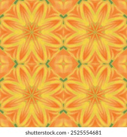 Symmetrical kaleidoscope pattern. Central floral-inspired shape. Bright orange and yellow tones. Accents of green and red. Intricate overlapping details. Creates visual depth and dimension. 