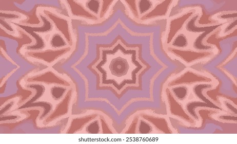 Symmetrical kaleidoscope-inspired pattern. Warm earthy tones of brown and pink. Intricate design with mirrored shapes. Complex geometric shapes, including triangles and stars. Timeless aesthetic.