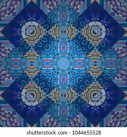 Symmetrical layout. Bed sheets and interior. Gift wrapping paper. Colorful ethnic patterned background in violet, yellow and blue colors. Seamless abstract vector geometric pattern.
