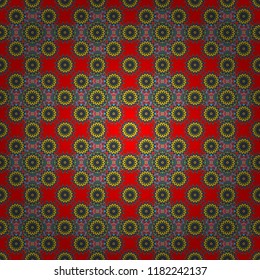 Symmetrical layout. Bed sheets and interior. Seamless abstract vector geometric pattern. Gift wrapping paper. Colorful ethnic patterned background in red, yellow and blue colors.