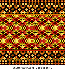 O layout simétrico e contraste de cores arrojadas evocam têxteis étnicos tradicionais com uma interpretação digital moderna, ideal para design de tecido, papel de parede, marca cultural e gráfico inspirado no folk