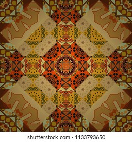Symmetrical layout. Colorful ethnic patterned background in brown, orange and yellow colors. Gift wrapping paper. Seamless abstract vector geometric pattern. Bed sheets and interior.