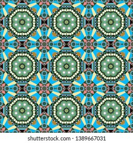 Symmetrical layout. Colorful ethnic patterned background in green, yellow and blue colors. Bed sheets and interior. Seamless abstract vector geometric pattern. Gift wrapping paper.