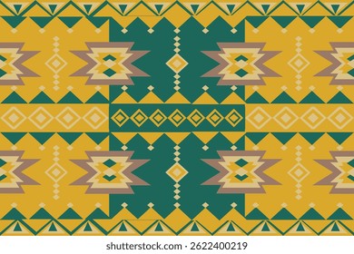 symmetrical layout of geometric shapes, primarily diamonds and layered triangles, in warm tones of golden yellow, deep green, purple, and white. The horizontal arrangement is accentuated with bead-lik