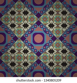Symmetrical layout. Gift wrapping paper. Colorful ethnic patterned background in gray, blue and purple colors. Bed sheets and interior. Seamless abstract vector geometric pattern.
