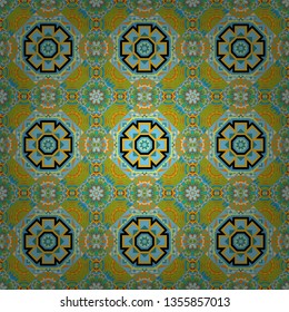 Symmetrical layout. Gift wrapping paper. Colorful ethnic patterned background in orange, blue and green colors. Bed sheets and interior. Seamless abstract vector geometric pattern.
