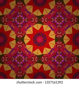 Symmetrical layout. Gift wrapping paper. Bed sheets and interior. Seamless abstract vector geometric pattern. Colorful ethnic patterned background in red, pink and orange colors.