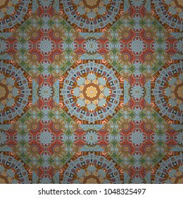 Symmetrical layout. Seamless abstract vector geometric pattern. Colorful ethnic patterned background in orange, blue and brown colors. Gift wrapping paper. Bed sheets and interior.