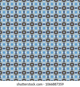 Symmetrical layout. Seamless abstract vector geometric pattern. Gift wrapping paper. Bed sheets and interior. Colorful ethnic patterned background in black, brown and blue colors.