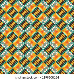 Symmetrical layout. Seamless abstract vector geometric pattern. Colorful ethnic patterned background in blue, brown and orange colors. Gift wrapping paper. Bed sheets and interior.