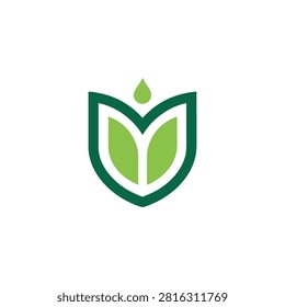 Symmetrical leaf shield logo icon with green leaves and a small droplet, organic agriculture or nature protection vector illustration