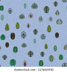 Symmetrical leaves on a blue line abstract background. Seamless pattern wallpaper