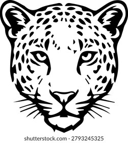 symmetrical leopard head vector illustration. monochrome black ink portrait of a wild jaguar or cheetah face, clean feline animal line art mascot.