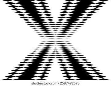 Symmetrical letter "X" formed from diamond-shaped pixels in black and white style. for modern design, logos, prints and graphic projects. Striped design element