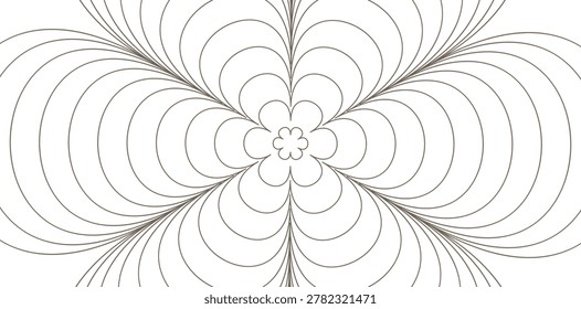 A symmetrical line art pattern resembling feathers radiating from a central floral motif, creating an abstract, organic design.