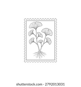 Symmetrical line art of two elegant branching ginkgo biloba stems in a minimalist serrated stamp style